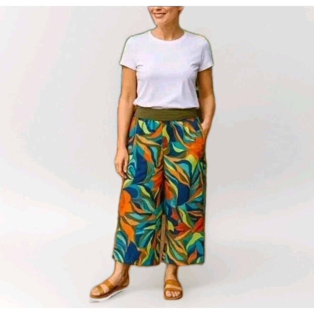 Soft Surroundings Aliso Point Tropical Linen Pants Hawaiian Green Wide Leg Sz L
